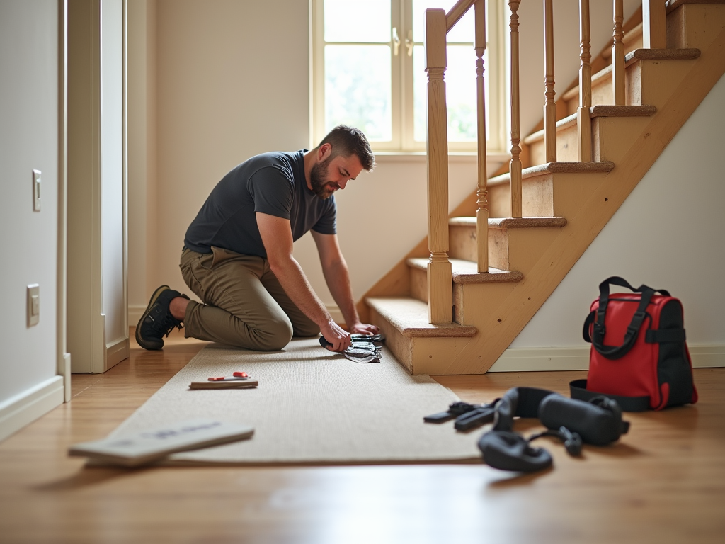 Мужчина укладывает ковровое покрытие на пол у деревянной лестницы в доме.