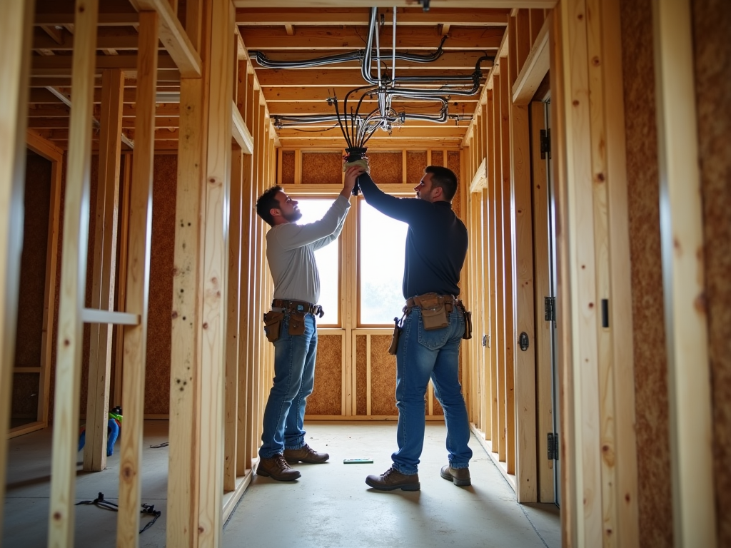 Двое мужчин-электриков в рабочей одежде устанавливают электрические провода в новостройке.