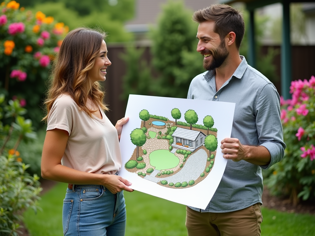 Пара обсуждает план ландшафтного дизайна в саду.