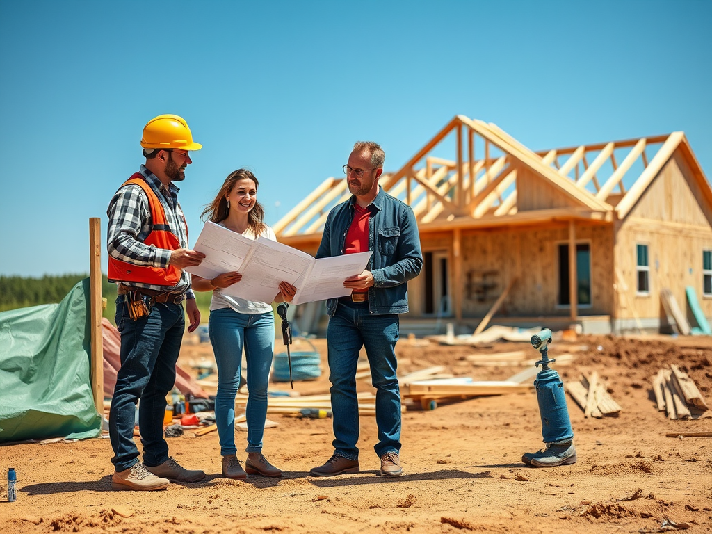 Трое людей на строительной площадке обсуждают планы с недостроенным домом на фоне. ясная погода.