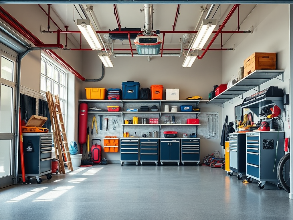Современный гараж с полками, ящиками и инструментами; чистота и порядок, яркие контейнеры и аккуратное освещение.