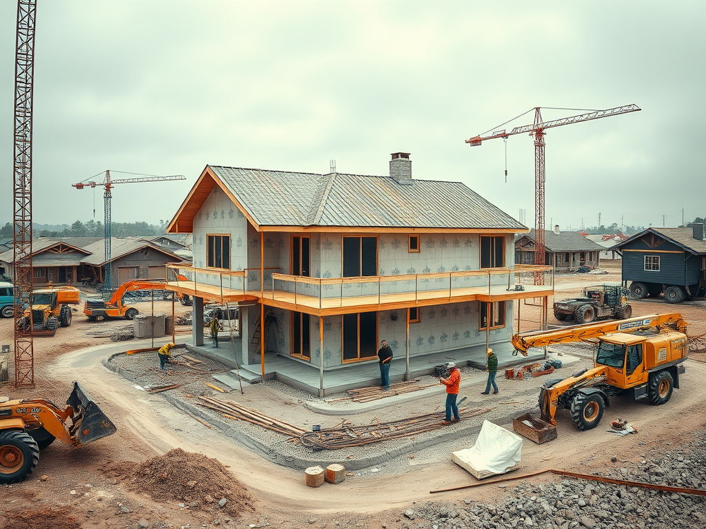 Стройка нового дома. Рабочие, техника и подъемные краны на фоне облачного неба.