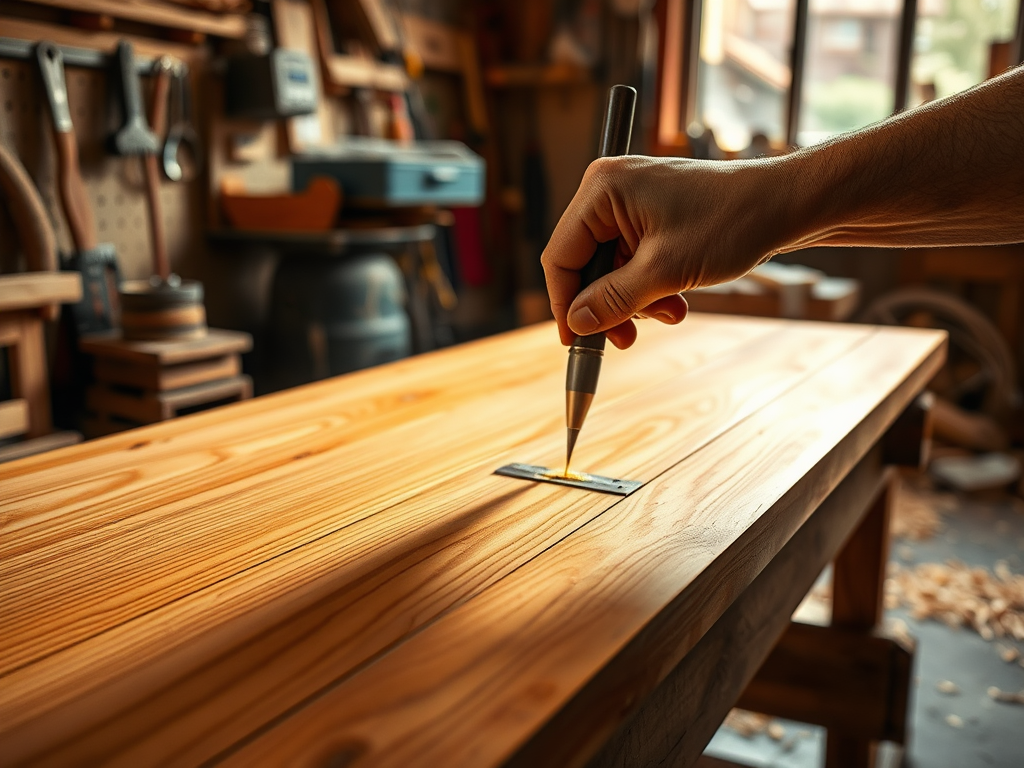 На изображении рука, держащая карандаш, делает отметку на деревянном столе в мастерской. Задний план заполнен инструментами.