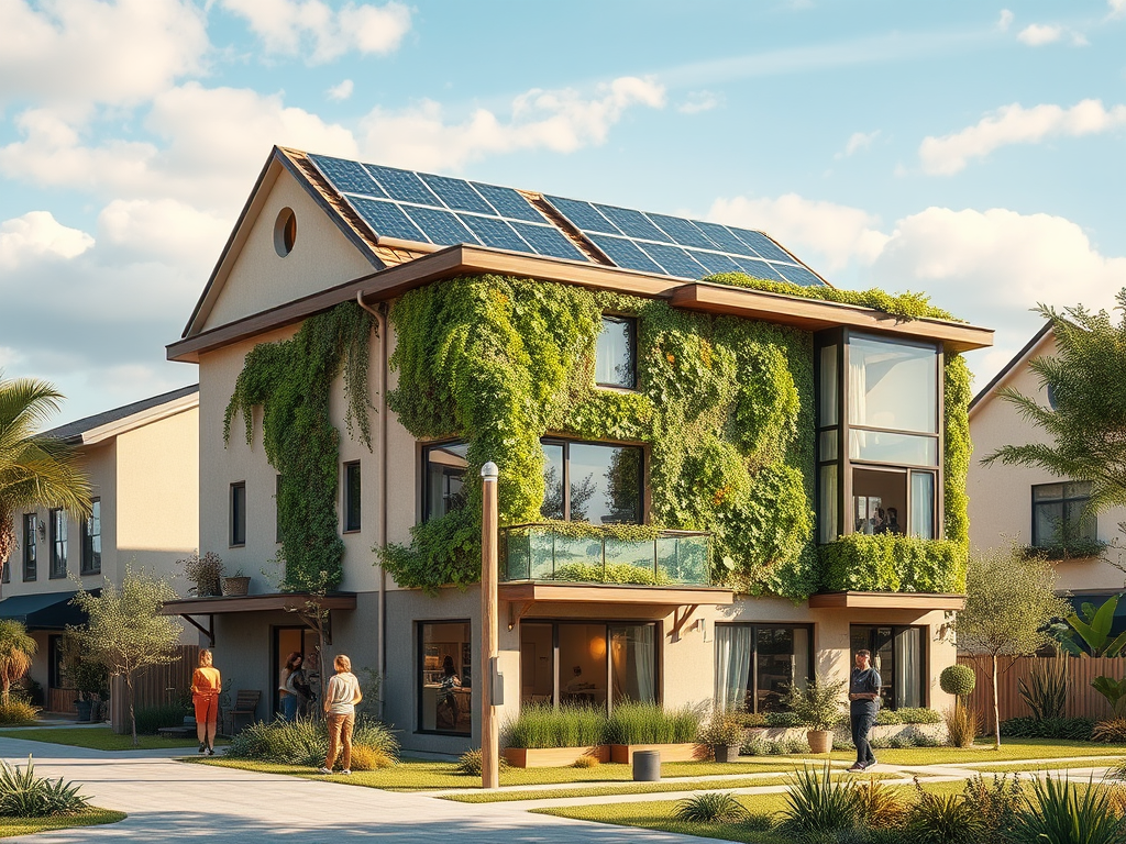 Современный дом с солнечными панелями и зелеными растениями, окруженный уютным двором и людьми.
