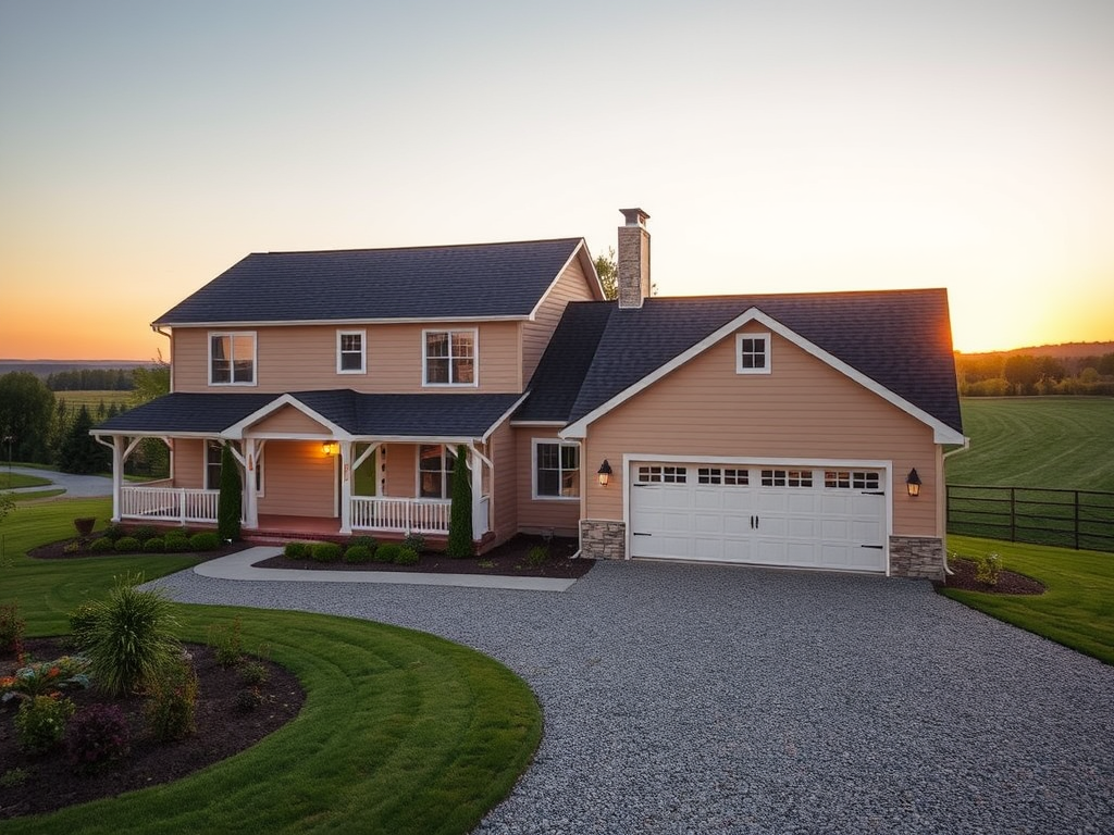 Современный загородный дом с террасой на фоне заката и ухоженным газоном. Спокойная и стильная обстановка.