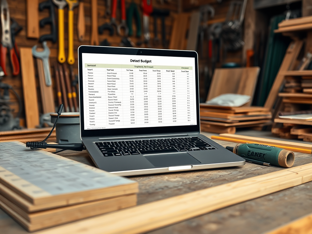 Ноутбук на столе с открытой таблицей данных, окружающим инструментами и древесными материалами.