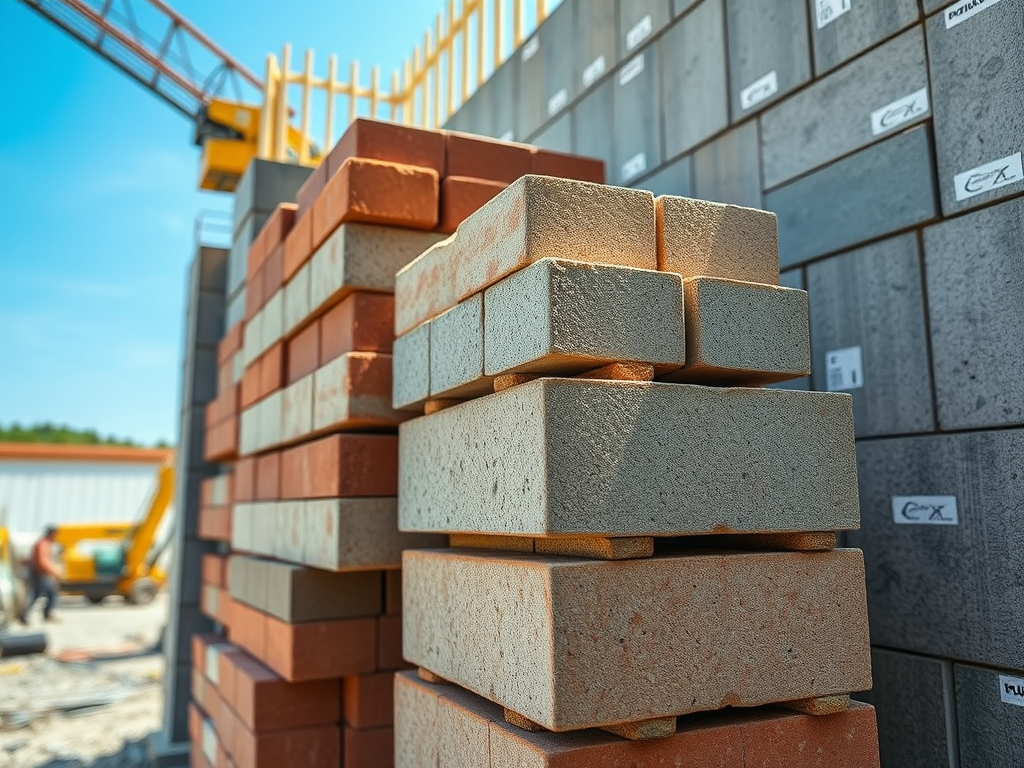 Стопка строительных блоков разных цветов на фоне строительной площадки и кранов под ясным небом.