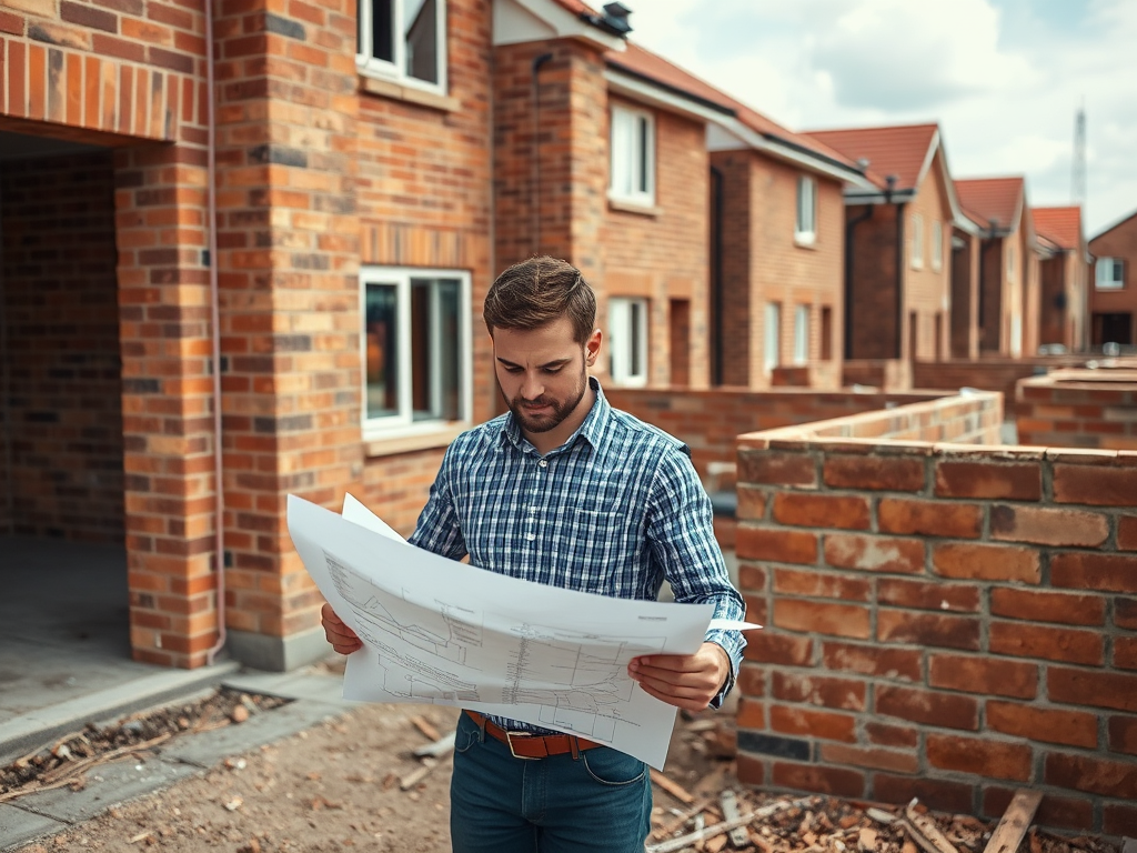 Мужчина с чертежами стоит на строительной площадке рядом с кирпичными домами. В руках у него бумаги.