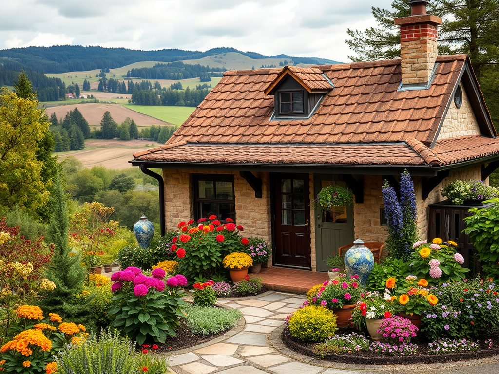 Красивая дача окружена яркими цветами и зелеными деревьями на фоне живописных холмов.
