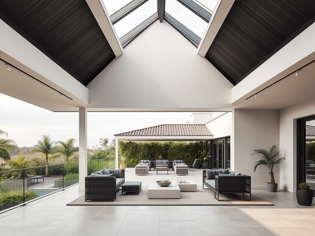 Современный светлый интерьер с большими окнами и зоной для отдыха на террасе, окружённый зеленью.