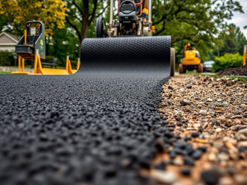 Картинка показывает укладку асфальта с использованием специального оборудования на свежем строительном объекте.