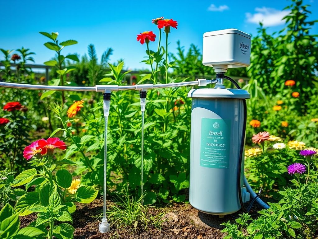 Системы полива в цветочном саду с растениями и яркими цветами на фоне синего неба.