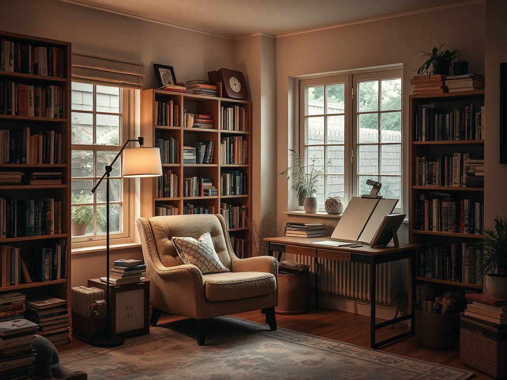 Уютный кабинет с креслом, полками с книгами, лампой и окнами, пропускающими мягкий свет.