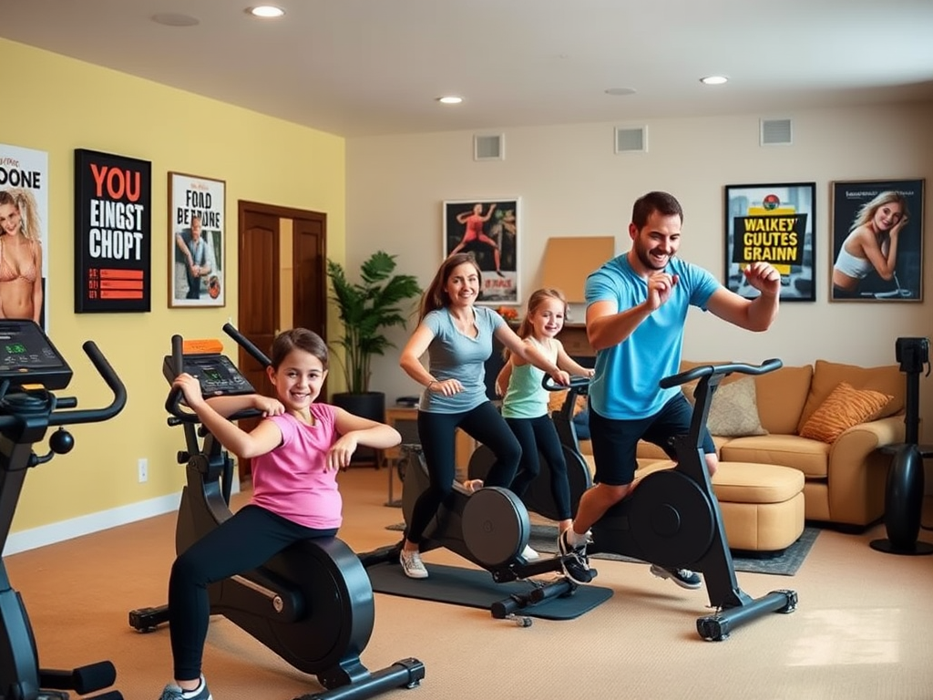 Четыре человека занимаются спортом на тренажерах в уютной комнате с яркими постерами на стенах.