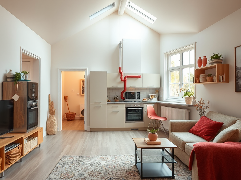 Современная кухня с уютной мебелью, высоким потолком и большими окнами, наполненная светом и зеленью.