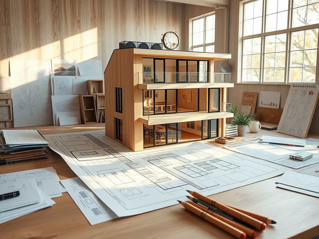 Модель современного здания на столе среди архитектурных чертежей и инструментов. Светлое пространство с окнами.