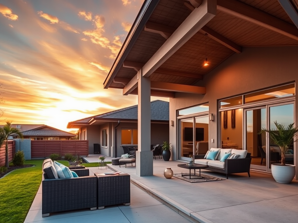 Современный дом с террасой, уютной мебелью и потрясающим закатом на фоне. Зеленый газон и пальмы.