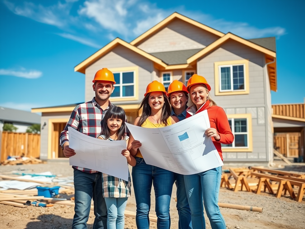 Группа людей с чертежами на фоне строящегося дома, все в желтых строительных касках, улыбаются на солнце.