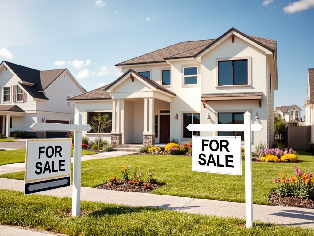 На переднем плане два знака "Продается" у красивого дома с цветами и ухоженным газоном.