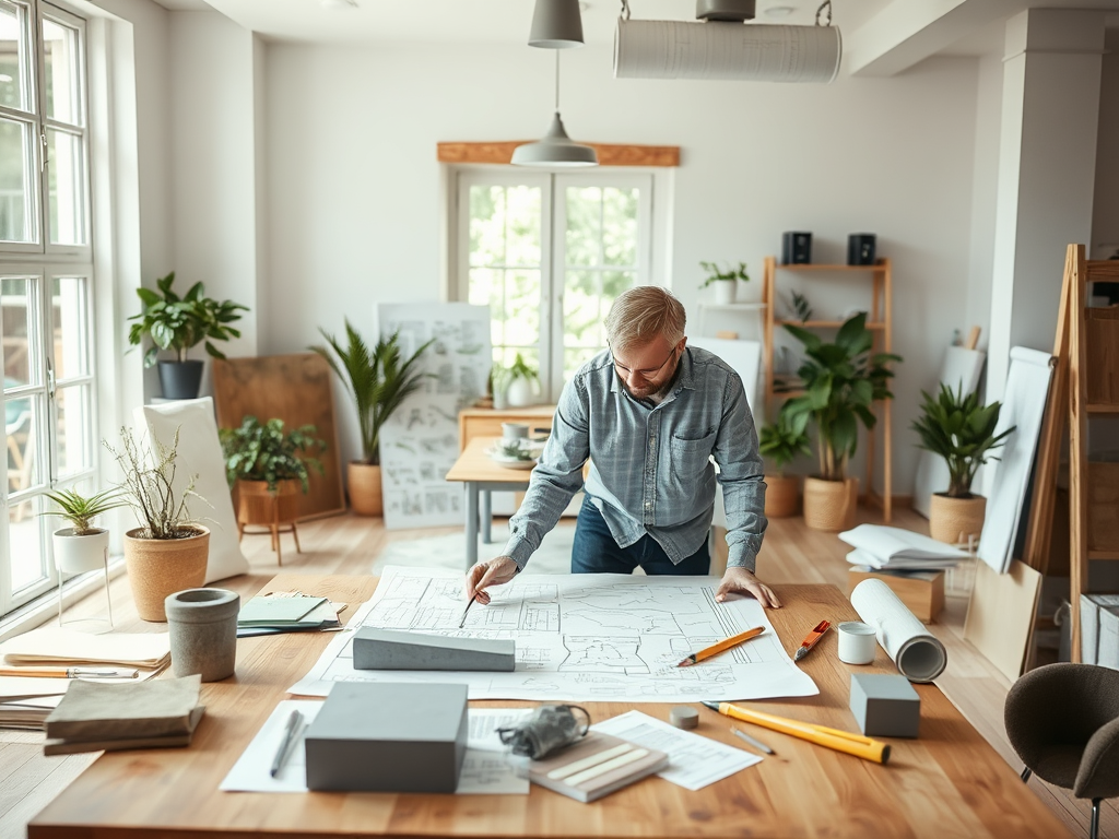 Мужчина работает над чертежами в светлом офисе, окружённом растениями и канцелярскими принадлежностями.