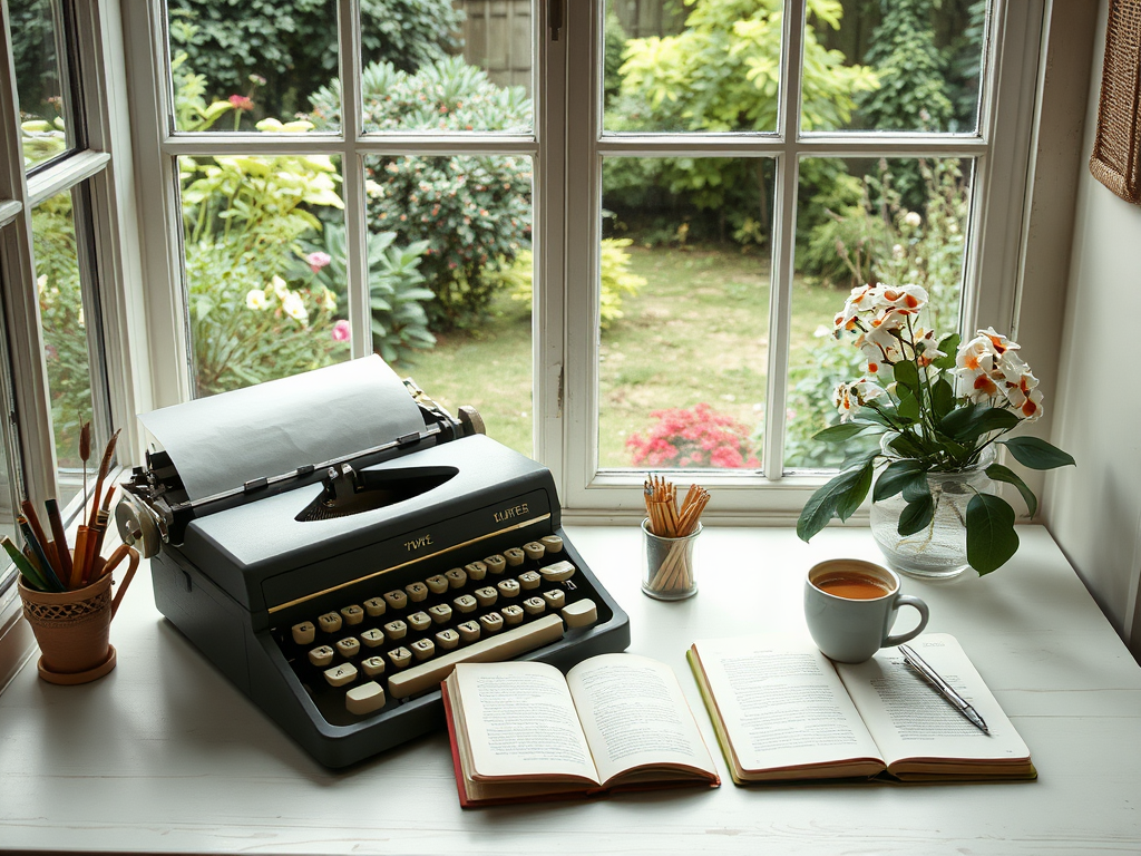 На столе пишущая машинка, книга, чашка чая и цветы у окна с видом на сад.
