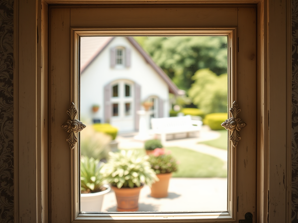 Вид из окна на ухоженный двор с домом, цветами и скамейкой на фоне зелени.