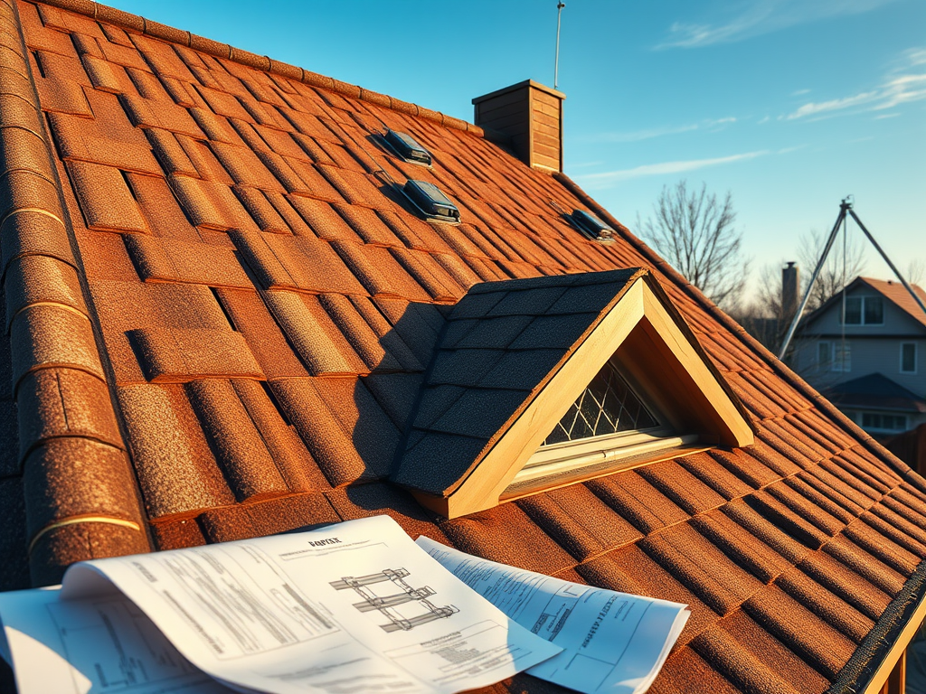 Крыша с черепицей и мансардным окном, на фоне чистого неба и планов строительства.