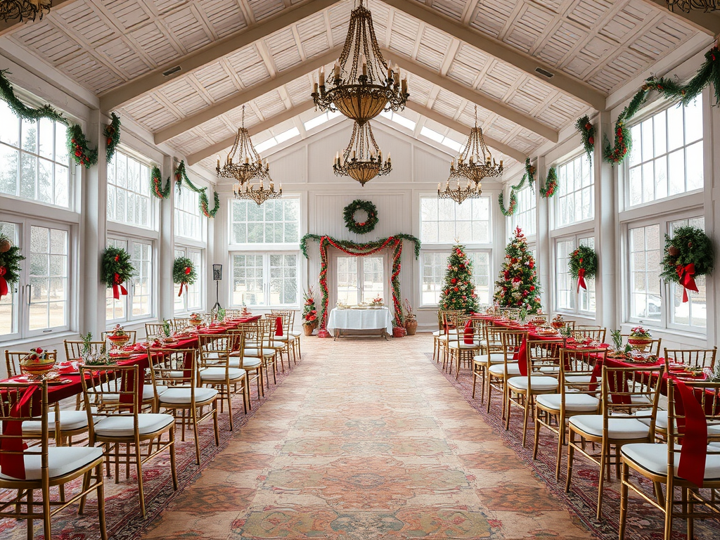 Украшенный зал для праздника с рождественской атрибутикой и столами, застеленными красными скатертями.