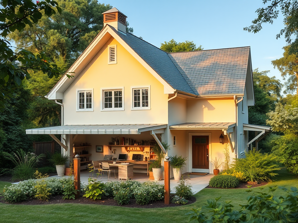 Современный дом с красивым садом и уютной террасой на фоне зелени и светлого неба.