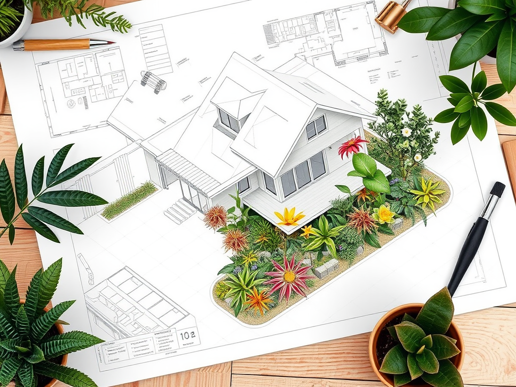 На чертеже дома показан план с садом и растениями, окруженным зелеными листьями и канцелярскими принадлежностями.