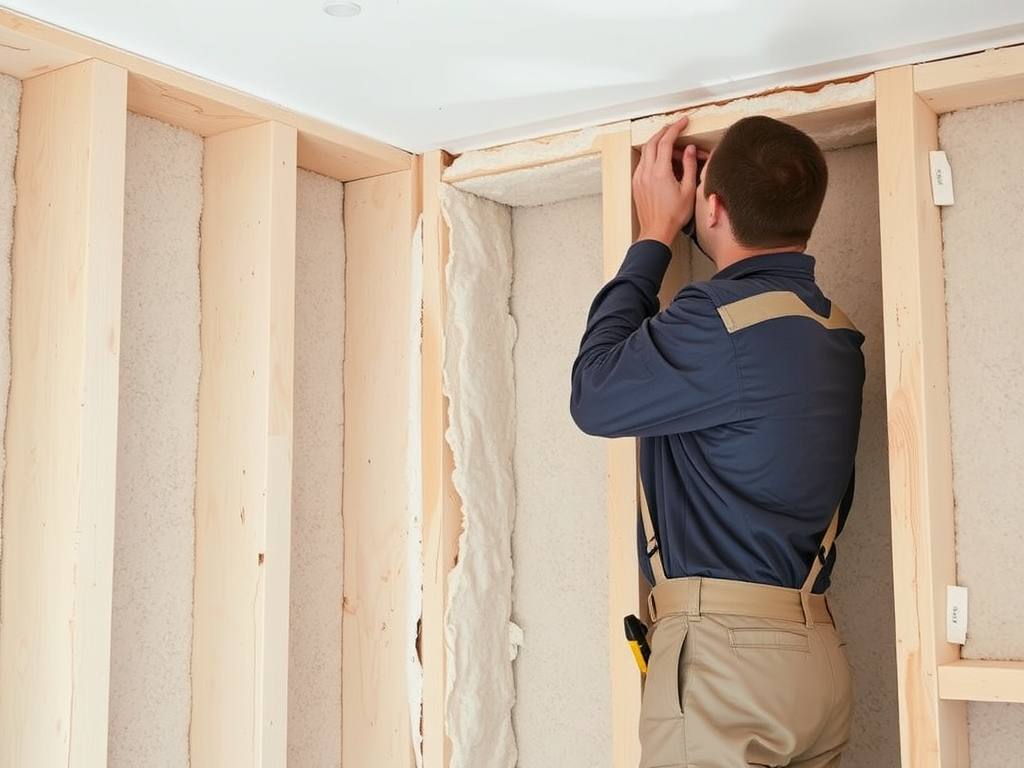 Рабочий устанавливает изоляцию между деревянными рамами в процессе отделки интерьера помещения.