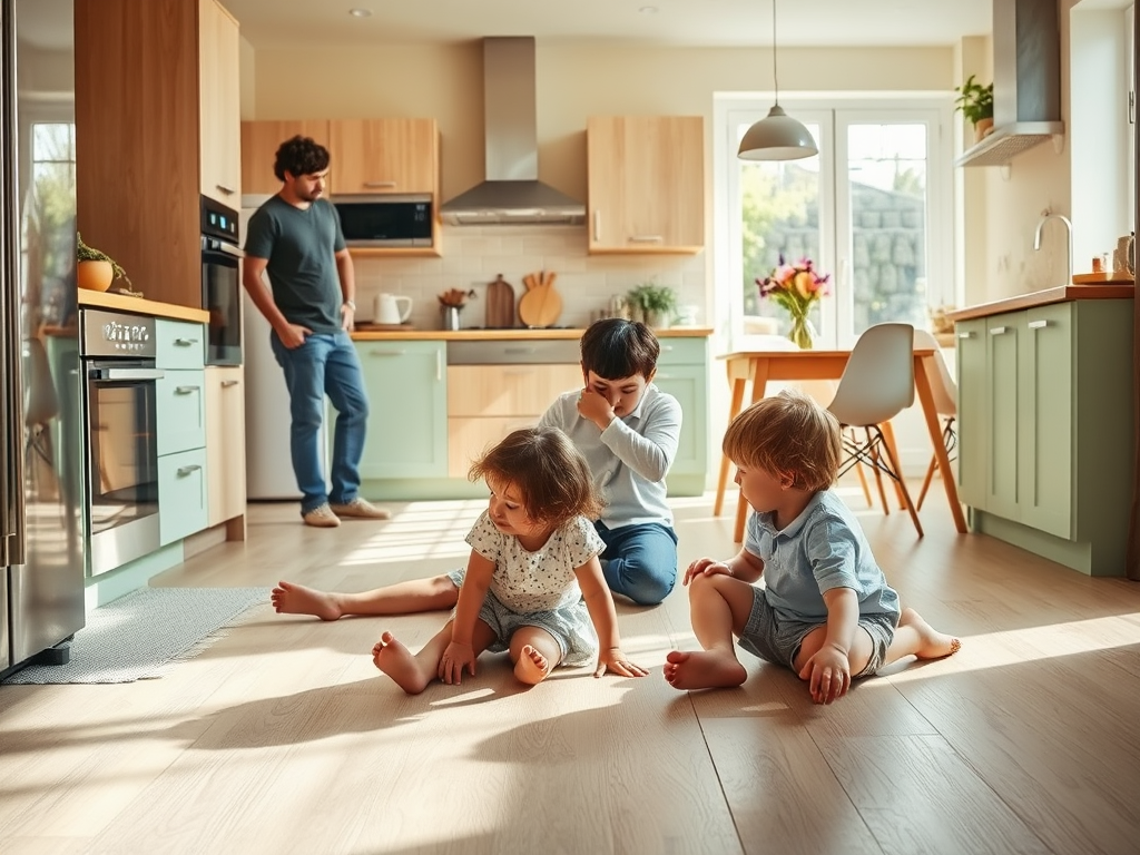 В светлой кухне ребенок играет на полу, а взрослый наблюдает за ними, готовя еду.