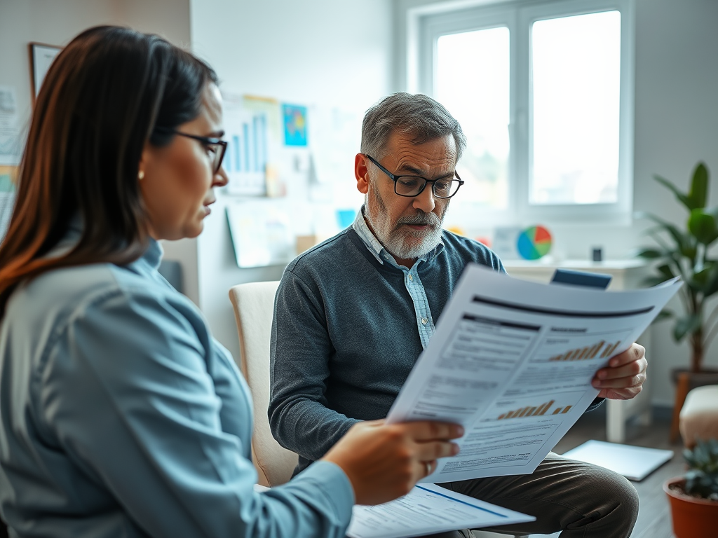 Два человека обсуждают отчеты в офисе, мужчина внимательно читает документы, женщина слушает.