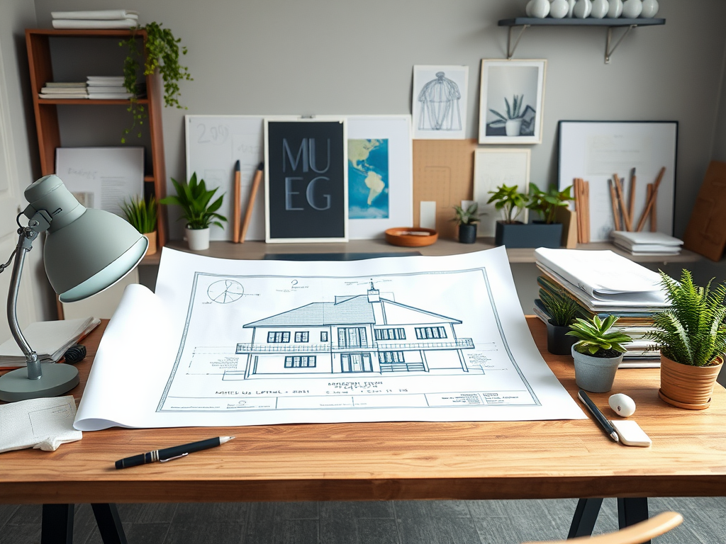 Стол с архитектурным планом дома, настольная лампа и растения на фоне стильного интерьера офиса.