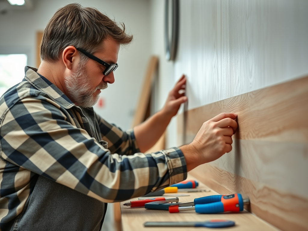 Мастер прикрепляет деревянные панели на стене, вокруг разбросаны инструменты.