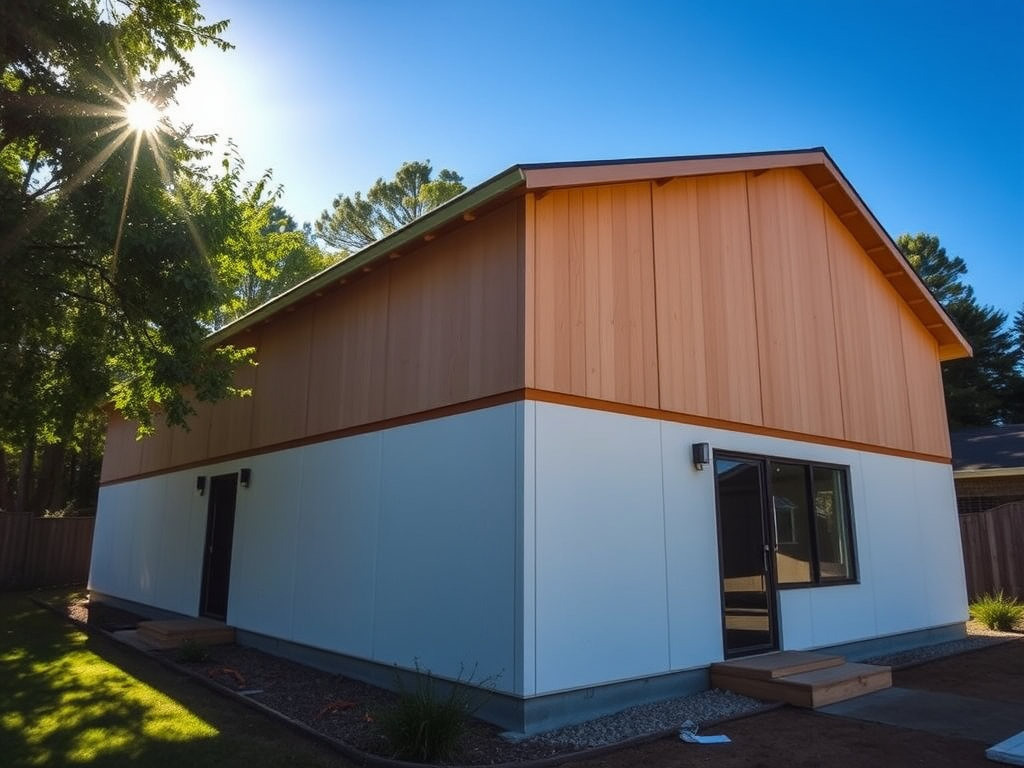 Современный дом с деревянным и белым фасадом, окружённый зеленью и солнечным светом.