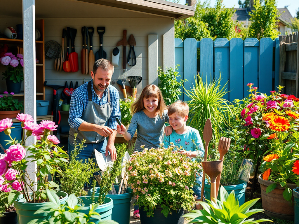 На картинке отец с двумя детьми в саду, окруженном цветами и растениями, занимается садоводством.