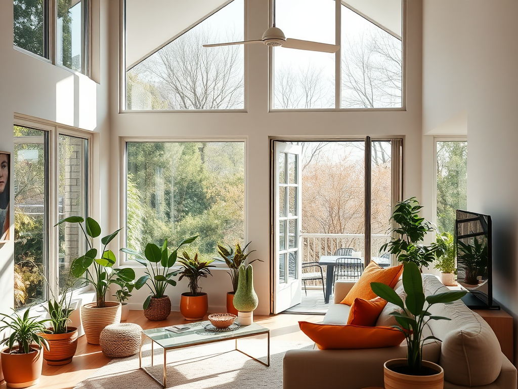Современная гостиная с большими окнами, растениями и уютной мебелью, ведущая на террасу.