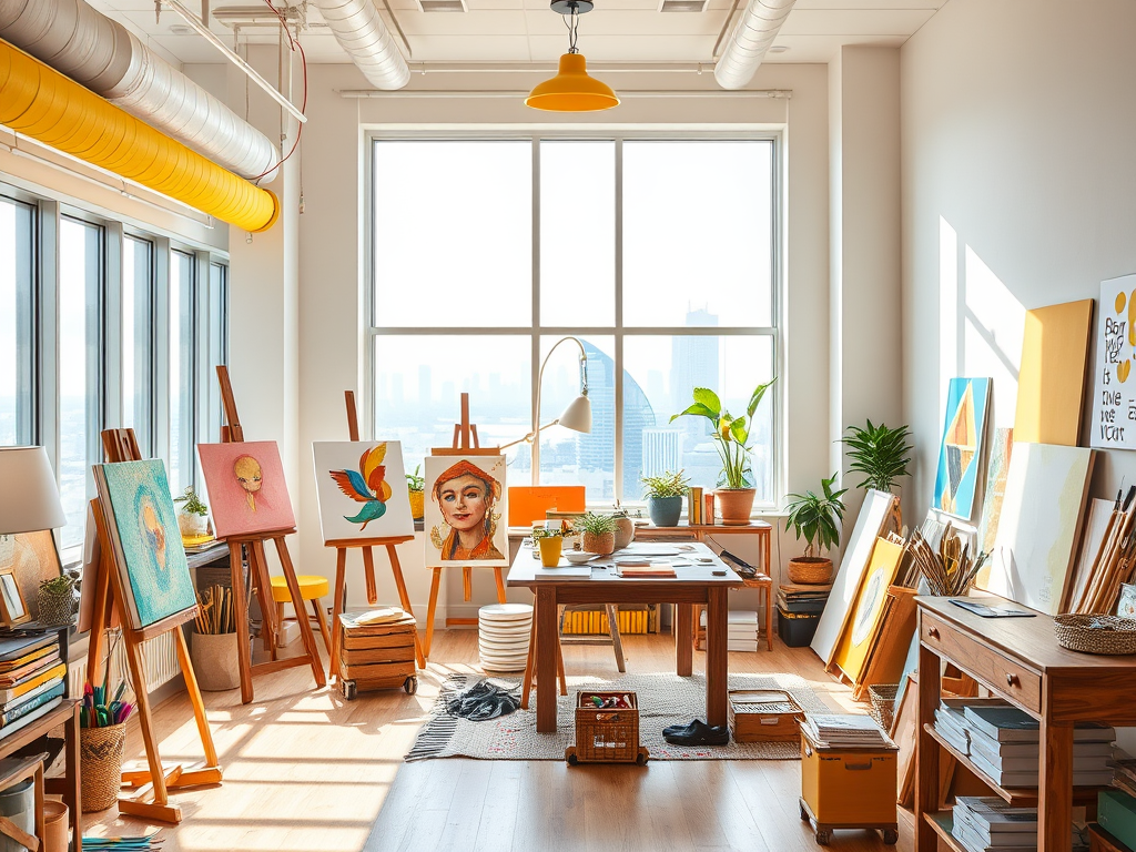 Яркая художественная студия с картинами, освещенная солнечным светом и видом на город за окном.