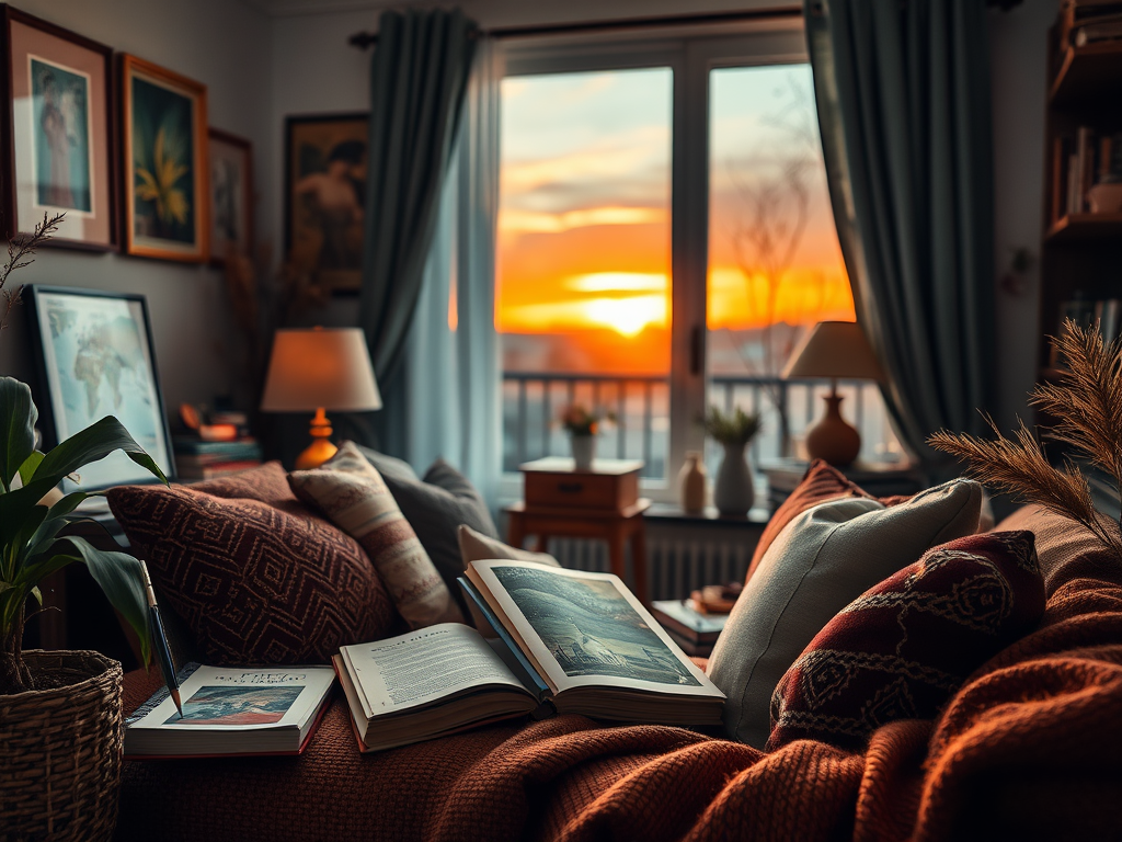 Уютная комната с диваном, книгами и закатом на фоне окна. Теплая атмосфера, много подушек и зелени.