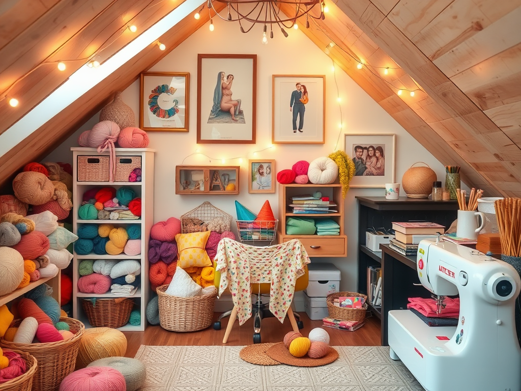 Уютная мансарда с пряжей, шитьем и уютными декорациями, освещенная мягким светом гирлянды.