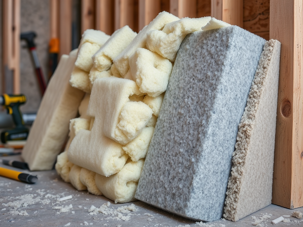 На изображении стопка изоляционных материалов различных размеров и цветов, расположенных на деревянной поверхности.