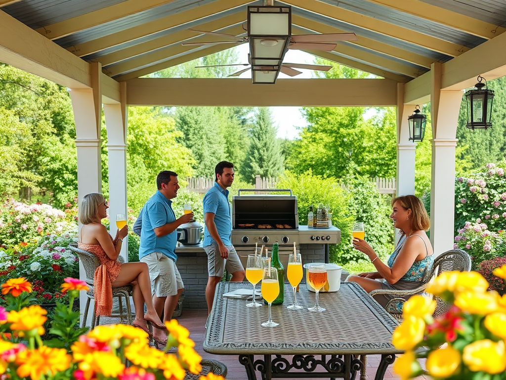 На террасе собираются четыре человека, наслаждаясь напитками и отдыхая рядом с грилем и цветами.