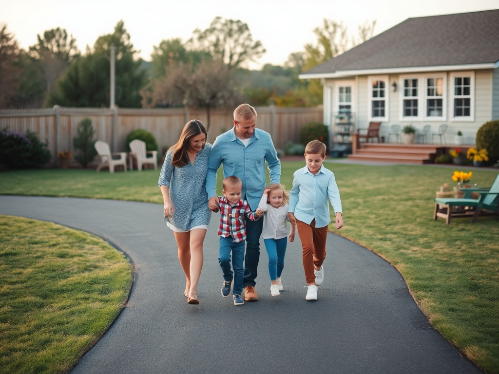 Семья гуляет по дорожке в уютном саду у дома в теплый вечер. Счастливые лица и детский смех.