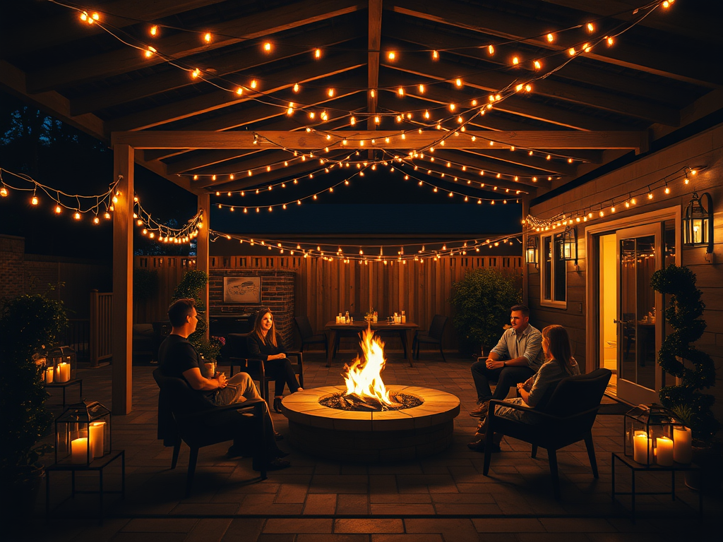 Четыре человека сидят у костра на террасе, освещенной гирляндами и свечами, создающими уютную атмосферу.