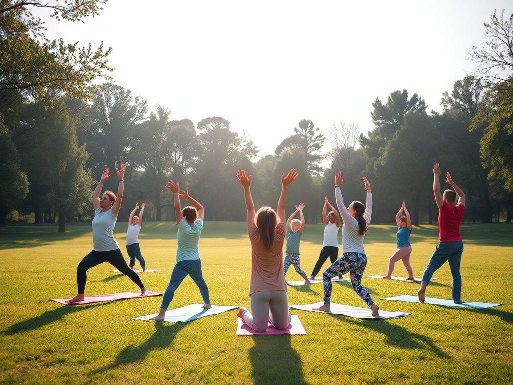 Группа людей занимается йогой на траве в солнечный день, показывая различные позы.