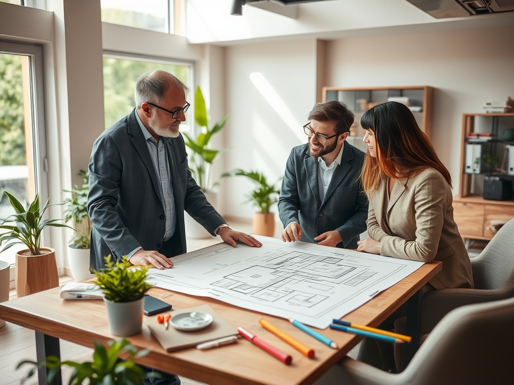 Трое людей обсуждают проект на чертеже в офисе, окружённом зелеными растениями и современным интерьером.