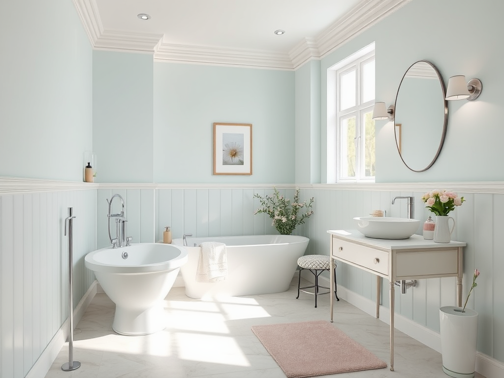 Светлая ванная комната с акцентами пастельных тонов, ванной, раковиной и растениями на столике.