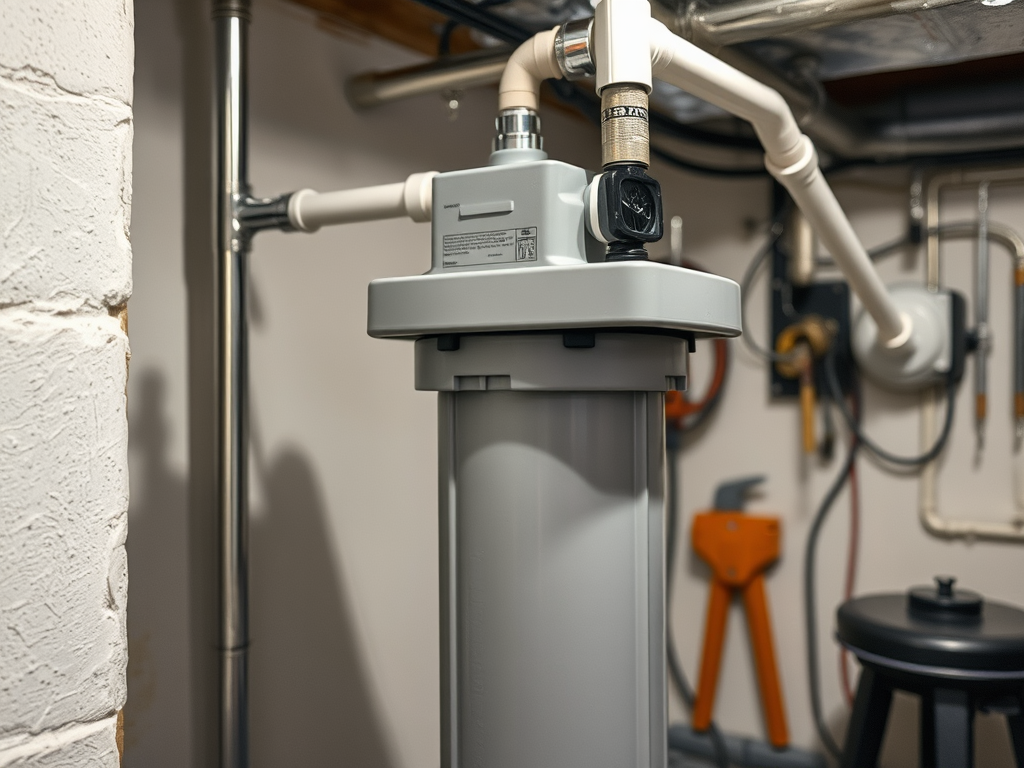 Фильтр для воды в подвале, окруженный трубами и инструментами, на фоне стены из белого кирпича.