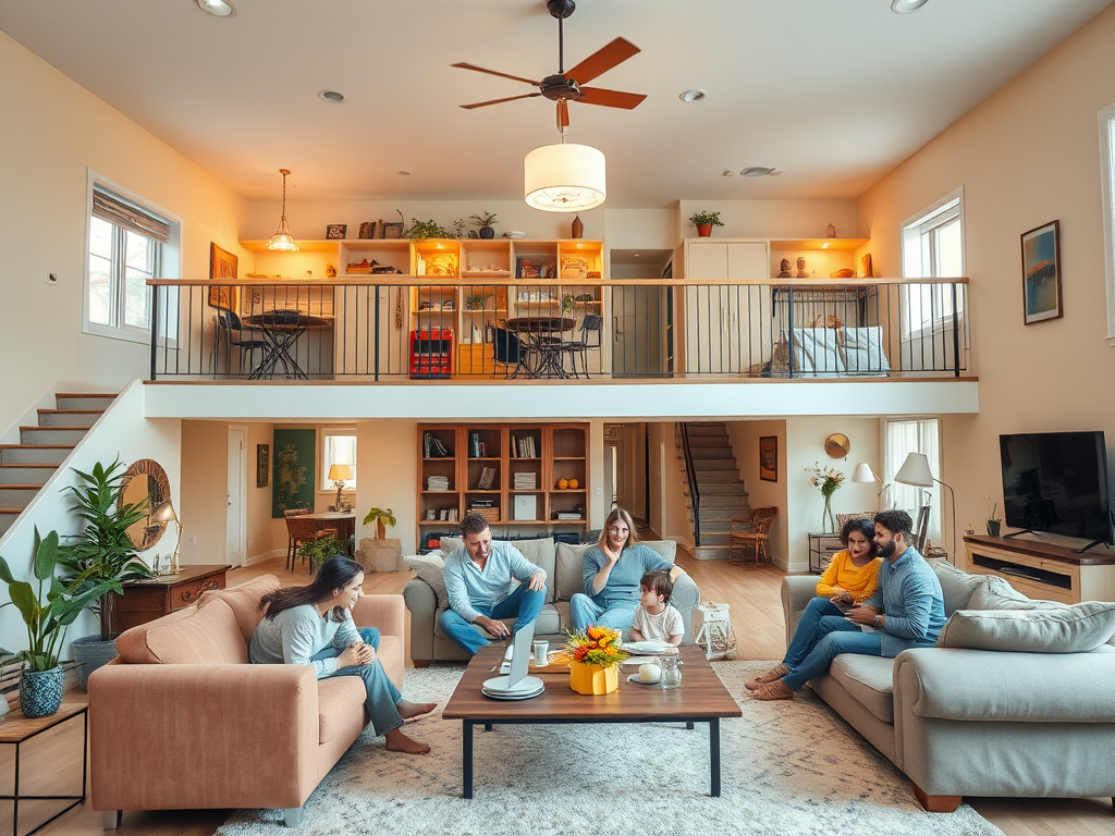 Семья и друзья собираются в уютной гостиной, обсуждая что-то веселое и наслаждаясь временем вместе.